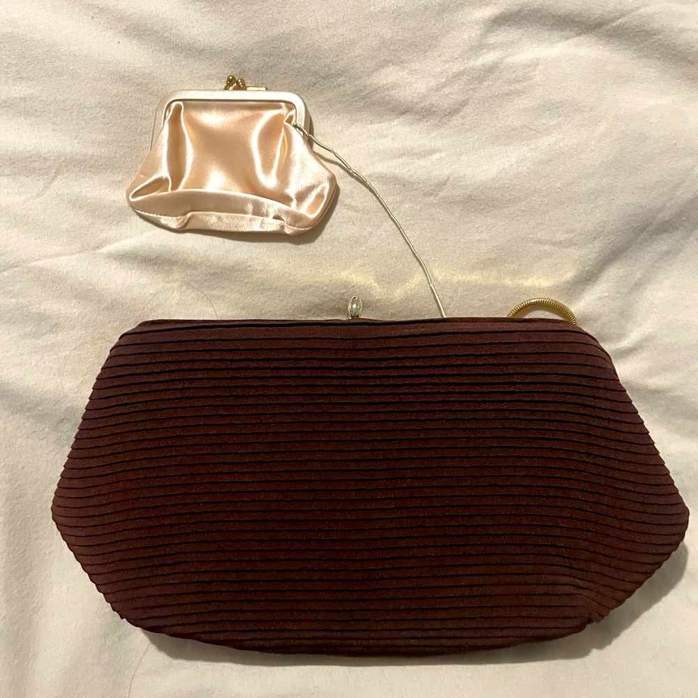 Harry Levine Clutch Purse Brown Pleated with mini Satin Clutch